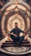 Placeholder: smoking swirl,mandala style framed playing card illustration, close up portrait of a harp man sitting atop a house of cards, arms stretched up, posing for photo shoot in stairs and bridges woven into a sacred geometry , bokeh like f/0.8, tilt-shift lens 8k, high detail, smooth render, down-light, unreal engine, prize winning