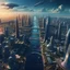 Placeholder: Aerial view of city on a (((twin planet))) of Earth in another galaxy, showing a diverse community. The skyline is dominated by tall skyscrapers with modern futuristic architectural designs, the streets are filled with people from diverse backgrounds. In the distance, a majestic bridge crosses a river and connects the city with a beautiful park on the other side.