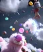 Placeholder: Ultra realistic speed clouds sky scene, wide angle view, strong men falling down with many Childs, circus clothing style, feather color clothing, free jumping flying, many trinkets, hair monster, many jelly beans, balls, color smoke, smile, happy, extreme, wind, clouds sea, 20,000 feet altitude, stratosphere, soft color, highly detailed, unreal engine 5, ray tracing, RTX, lumen lighting, ultra detail, volumetric lighting, 3d, finely drawn, high definition, high resolution.