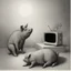 Placeholder: pig watching a tv about video game persona with a rabbit playing music beksinski style