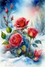 Placeholder: magic Winter landscape, blooming roses in the snow. Jean-Baptiste Monge style, watercolor, ink. Picturesque and colorful. Bright colors of the ring exquisitely luxury chic aesthetics photo harmony professional photo 64K pixel graphics high detail bright lighting