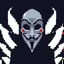 Placeholder: 18 bit pixelart of a shadow figure with a white smooth wide smiling mask fawkes