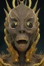 Placeholder: black male African alien, cracks in the head, wicked, Asian eyes, crown, blood, 8k, finely detailed, photo realistic, Boris Vallejo style turquoise skull head gold dragon space alien rain skeleton gold tooth silver helmet silver space suit spaceships