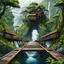 Placeholder: 1 massive squat wooden bridge connects the over two gorge, between two tall rocky shores, sprawling, tall alien trees on both shores, log wooden houses in the distance in the background, rainy landscape, lush vegetation, massive trees,, high detailed, fantasy, cinematic