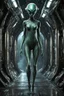 Placeholder: scary alien creature with alien skin,(((Beautiful drooping eyes))),(((Slightly longer arms)))、((long neck)))、Normal shoulder width、(short thighs)、(((Long below knee)))、(((thick waist)))、(Fairly long torso), with a damp and steamy highly detailed spaceship corridor in the background, full body, perfect face, detailed face, perfect body, highly detailed body, highly detailed skin, superior artificial intelligence, half of the face is robotic skeleton, stunning facial details, 45 degree angle of
