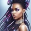 Placeholder: portrait of a beautiful black woman, with dreads, blue eyes, silver skin, colorful hair,