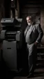 Placeholder: italian strong massive big chubby 50 year old man in smart gray suit, unbuttoned shirt, short beard, shirtless, printer in an old printing house, next to a huge old printer, dim light, side light, ambient occlusion