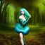 Placeholder: beautiful, girl, magical, blue eyes, short metallic green hair, dressed with ivy, bending, in a mushroom forest, realistic, top model, high definition, 4k