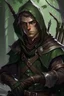 Placeholder: 35 year old male rogue elf, thief assassin, messy mauve hair, bright green eyes, brown skin, black hood, black leather armor, messy, disheveled, trees, sneaky, bow and arrows, long and lean