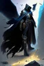 Placeholder: A commander with a black cloak and a long coat with long combat boots and a long spear with his Helmet is golden under his cloak like assasins With a magical power in his hand and a white anklet and boots With blue flame eyes,It has two black wings on its back,Standing on top of a rock