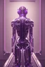 Placeholder: a cyborg watching a mural in a museum art gallery, purple shining lights, octane render, detailed