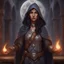 Placeholder: Generate a dungeons and dragons character portrait of a female elf with tan skin and dark hair, who is a cleric of the moon, celestial, white, silver and slate blue