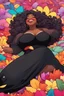 Placeholder: A sassy thick-lined vibrant cartoon art style cartoon black female lounging lazily on her side, surrounded by colorful large flower petals. her curvy body silhouette a black maxi dress. Looking up coyly, she grins widely, showing teeth. Her poofy hair forms a mane framing her confident, regal expression.
