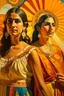 Placeholder: 2 mexican woman painting neoclassism whole body zoom the sun