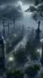 Placeholder: A bird view of a graveyard with full moon and trees with a big gate they are tied to their musical instruments ,surrealism of the dark of a nightmare ten miles high and six foot deep, hyper photorealistic, hyper detailed dark art color, high resolution, fog, octane render, tilt shift, HDRI Environment, all pictures dark gray