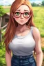 Placeholder: A portrait of a shy adult woman in her late 30's with long strawberry blonde hair, green eyes, red-rimmed glasses, pale skin, and freckles wearing a tank top and blue jeans. chubby, shy, farm setting, anime style, intricately detailed, high quality