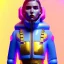 Placeholder: latin woman teenager, few freckles, gold teeth, inflatable coat, purpurin, retro futuristic, latex dress, gradient color, BLUE, PINK, CYAN, neon, insanely detailed, 16k resolution, perfect eyes, cinematic smooth, intricate detail