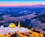 Placeholder: 100,000,000 christians, men, women,and children, WORSHIPPING, dressed in white,God in jewish Temple in new Jerusalem, hills and valley in background, dusk, andromeda GALAXY IN SKY