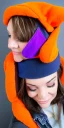 Placeholder: Brunette taking selfie.thick thighs,thick calves,flat belly,curvy fell. big head. Mantle is sewed of upcycled Denim and sewed together of camouflage pieces. Pieces' color are orange, cream and purple. It is with big bright purple felt tippet and redochre-colored-hood is merged with colorful beanie. Big colored headphones (gold rings!) is merged with small felt cap with small visor. Style: Haute Couture in 1950's Africa, N.Y.C fashion in 2023