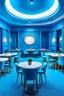 Placeholder: A restaurant with blue walls, a white floor, and an oval-shaped table in the middle of the restaurant with 30 chairs