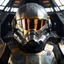 Placeholder: star wars bald male corellian pilot wearing dark gunmetal grey and black First Order special forces TIE pilot armored flightsuit and helmet with gold trim and gold mirrored visor inside the jedi temple, centered head and shoulders portrait, hyperdetailed, dynamic lighting, hyperdetailed background, 8k resolution, volumetric lighting, light skin, fully symmetric details