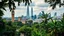 Placeholder: City of London, Big Ben, Tower Bridge, Shard, Gherkin, etc. everywhere totally overgrown with a jungle of banana trees and other jungle trees, award winning photograph