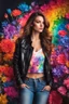 Placeholder: Gorgeous Realistic Photography Super Model European Beautiful young woman,hair colors rainbows as cowboy with clothing abstracts flowers luxury casual leather jacket and levis jeans dressing painting art neons rainbow colors glowing in the dark and colorful details, light leaks boleh colors,flowers background, close-up portrait