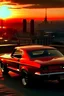 Placeholder: Red Mustang car, sunset, two bestfriends, view on the city