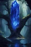 Placeholder: giant magic crystal, in a magic temple chamber, blue crystal, tall crystal, single crystal, tree-like, root are made of crystal,