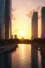 Placeholder: sunset, buildings, lake, city, park, cyberpunk, sci-fi, photography