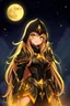 Placeholder: SUPER PRETTY GIRL, DRESSED WITH A BLACK-GOLD SMALL ARMOUR, GOLDEN LONG HAIRED, GOLDEN EYES, GREATH SMILE, BIG BUBS, NICE BODY, STAY ON DARKNESS CASTLE, STARS SKY, MOON, LEGENDARY WARRIOR, POWERED GIRL, A GOLDEN GLOW AROUND HER BODY.