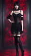 Placeholder: Full-body shot, of slender, pale emo woman, standing braced, straight, dark bob hair with bangs, fair skin, red lips, and stockings and stilettos, fantasy background