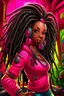 Placeholder: Create a digital airbrush cartoon of a curvy African American female wearing a hot pink jean outfit with timberland boots. Prominent make up with hazel eyes. She is wearing large diamond hoop earrings. Extremely highly detailed very long dread locs hair that shines. Background of a night club.