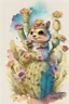 Placeholder: a cheerful cute furry fluffy chibi chipmunk holding a beautiful big cactus with flowers on it on the green field with flowers S<AI by Jean-Baptiste Monge, watercolor and ink, intricate details, fantasy, beautiful, award winning, colorful, fantastic view, crisp quality, in sunshine