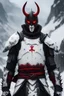 Placeholder: The character, depicted in a striking white armour against a wintry backdrop stands with his hands behind his back inside the scene, he has a red and black circular symbol on his chest like a shield, a black pointed spear with a red handle on his back, His eyes are showing a dynamic expression and he wears a black oni mask with white teeth covering the bottom part of his mouth he has brown shoulder pads and a white karate belt with a bag attached to it. He has dark brown hair. He has no helmet.