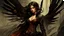 Placeholder: biomechanical women, beautiful, steampunk, dusty brunette, long square, large steampunk black wings, sword, steam, dynamic pose, rain, wind, ashes, flashes of fiery threads, steam engine, caves with rusty pipes on the background, dark world, sketch art, fine lines, grunge, sensual, darkness, dark colors, by Raymond Swanland & Alyssa Monks & Anna Razumovskaya