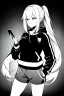 Placeholder: blonde girl with ponytails dressed in a jacket and shorts use cell phone's flashlight to get some light in the dark, greyscale