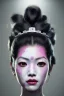 Placeholder: japan head portrait,geisha makeup, meditation, galaxy sky, 8k quality , portrait,beautiful ghost in the shell , post-apocalyptic in a sin city, realistic, intriacte detail, sci-fi fantasy style, volumetric lighting,24mm , particales,highly detailed,cinematic, deep purple , green eyes .