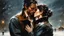 Placeholder: (Brunette Thin Caucasian Woman 30yo Black Short Straight Bob Hair, Blush, Beautiful Makeup, disheveled, crying) in a snowstorm at night, passionately hugging (a clean shaven dark haired cowboy) :: by Robert McGinnis + Jeremy Mann + Carne Griffiths + Leonid Afremov, black canvas, clear outlining, detailed