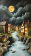 Placeholder: Bosch painting style nightmare, houses build of cheese holes texture with a milk river in the middle