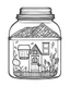 Placeholder: little house life in jar minimalistic, line art, background, vector, svg, coloring book page style, black outline on white background