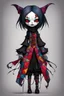 Placeholder: full color, full body illustration of a dark menacing goth vampire girl as a patchwork cloth doll toy, with contrast stitching across her patchwork face, art in the style of Alex Pardee, spirited away, studio ghibli, , 8k , finely detailed and precise line work,