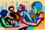Placeholder: whimsical colorful cartoon ink and tint, 4 people sitting conversating at table, semi overhead view, relaxed, social, various drinks, glasses, bottles on table, 2 men with black beards, 1 woman with red hair in elegant dress, another man with blue hair listening. The background features abstract shapes and muted pastel colors, whimsical vibe, neanderthal influence