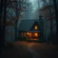 Placeholder: a warm welcoming cottage in a dark autumn forest, lots of trees, fairytale mood