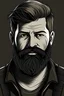 Placeholder: Please draw a guy with a beard, no mustache, short light hair, piercing eyes, dressed in black and gray. Show that he is a whiskey fan.