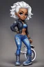 Placeholder: create an airbrush illustration of a chibi cartoon voluptuous black female wearing a blue jean outfit with biker boots. Prominent make up with hazel eyes. Extremely highly detail of a very low platinum blonde pixie haircut. Background of a bike show.