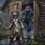 Placeholder: fantasy digital art of young anthro wolf kicked out of the house, she have gray hairy wolf body , paw, and wears just a short canvas rag around her waist , sadly face in the rain , behind her an tall angry anthro dark hairy wolf man and kicks her out the door with his foot, behind in rustic halb open door in an massive wooden house, deep colors, rainy day, detailed, anthropomorphic creatures, fantasy, sci-fi mood