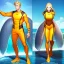 Placeholder: surfer boy wearing orange wetsuit, anime with realistic body feature details, high waves, full length cinematic view, blonde hair, waves in the ocean