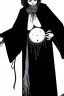 Placeholder: 7 year old boy, necromancer, friendly, looks dead,with a long lamprey emerging from his bellybutton, wearing black robes, with the lower body of a ghost in the style of Harry Clarke