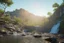 Placeholder: Sunny day, Epic waterfall landscape, rocks foreground